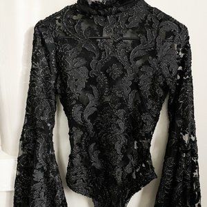Gorgeous Fashion Nova Ornate Black Bodysuit with Flared Arms (XS)